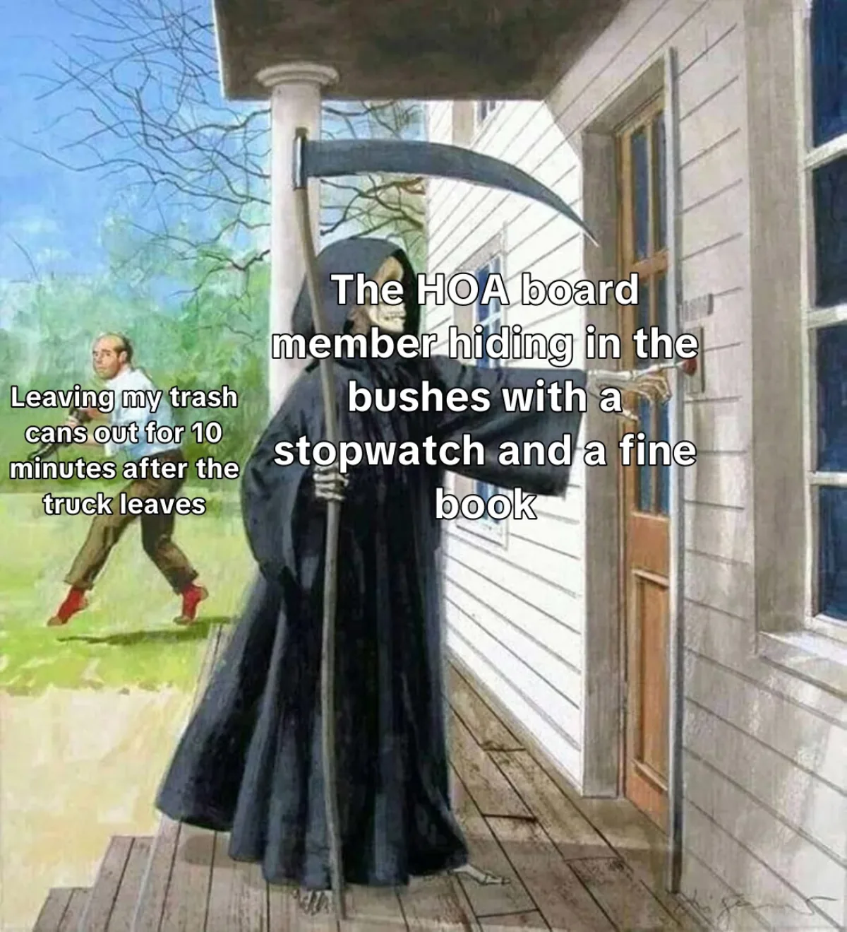 HOA trash can stopwatch meme example from a recurring neighborhood mission
