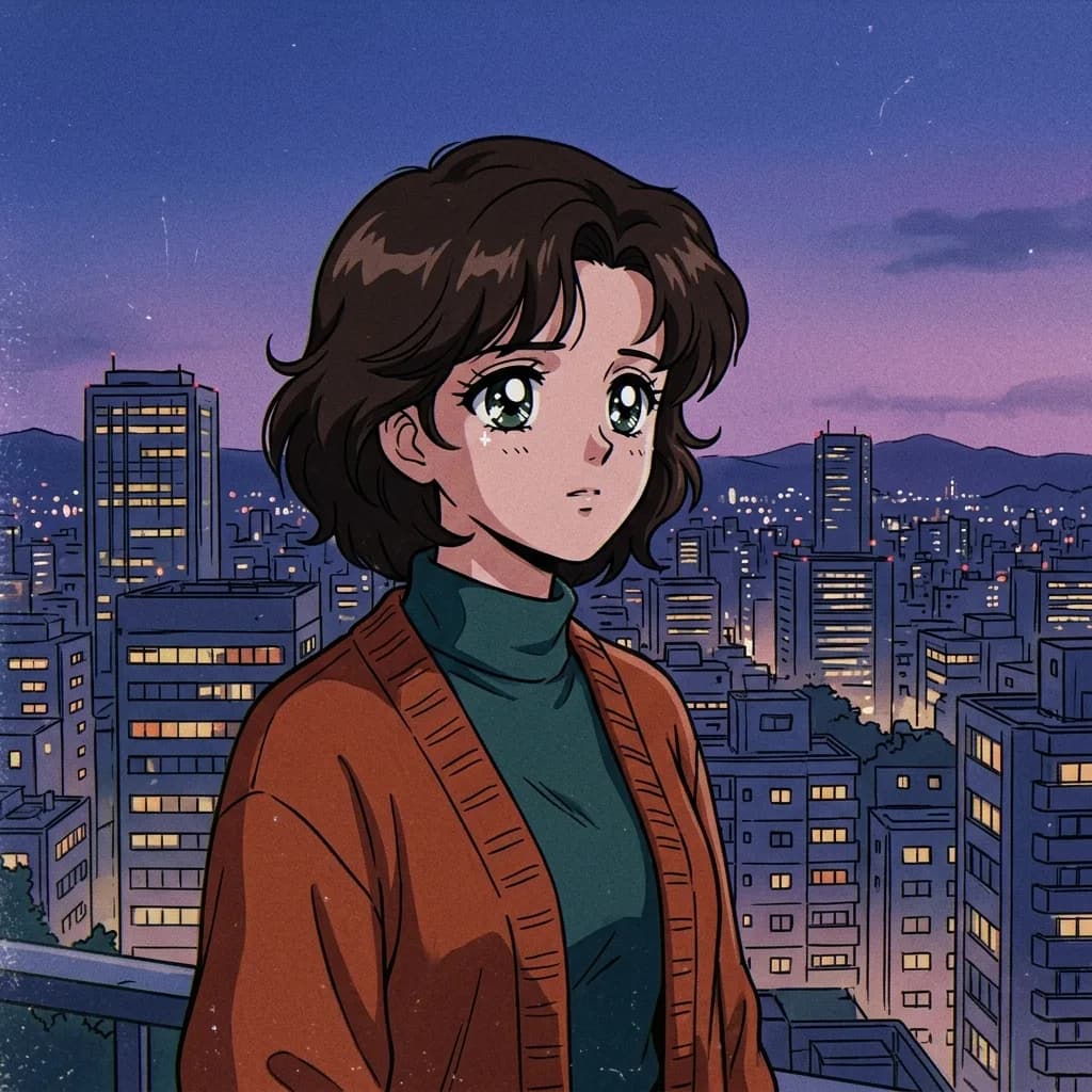 Person redrawn as a 1990s TV anime character with sparkly eyes and cel paint