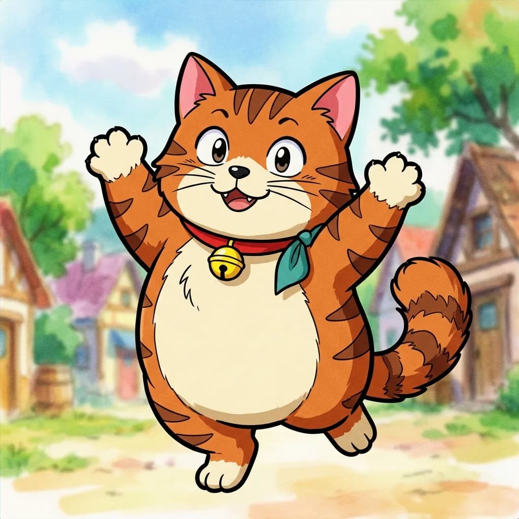 Cat turned into a retro anime mascot with thick outlines