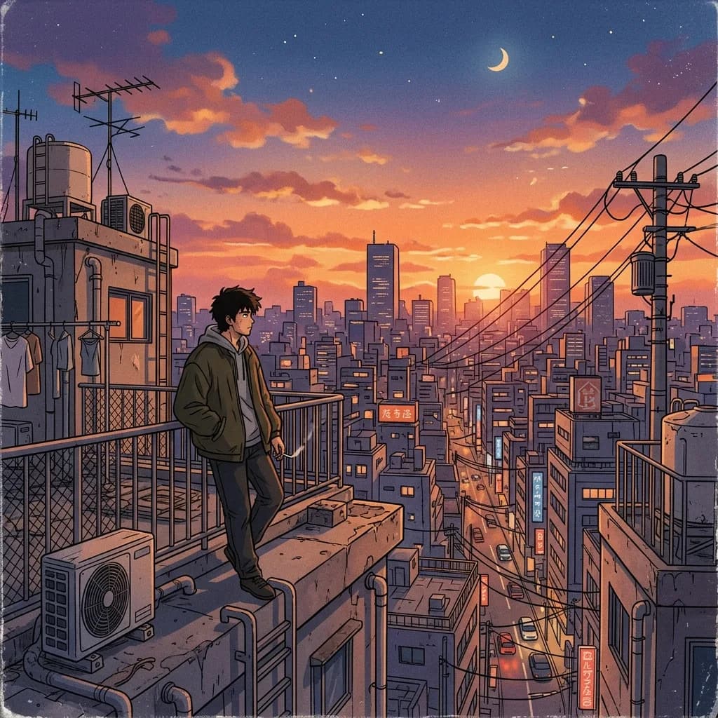 Sunset city photo restyled as a 90s anime establishing shot