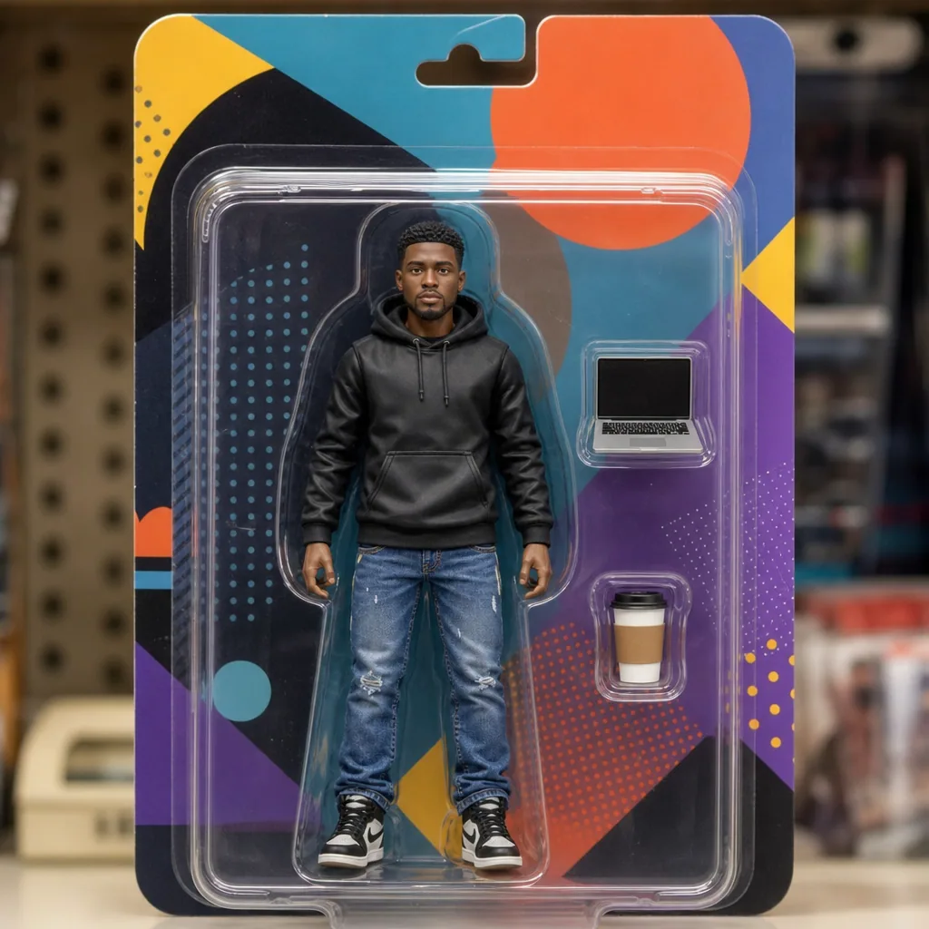 Office worker packaged as a blister-pack action figure with tiny laptop accessory