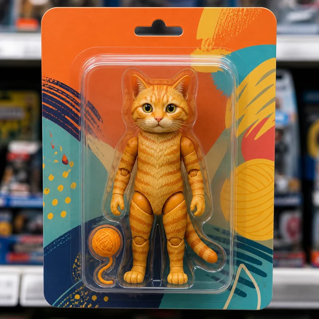 Cat turned into a boxed action figure with yarn-ball accessory