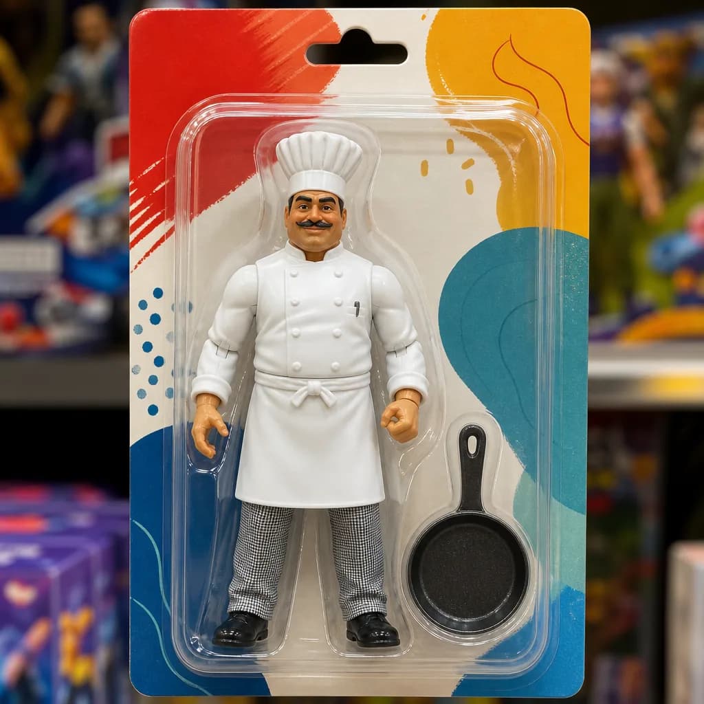 Chef packaged as a collectible kitchen-commander action figure