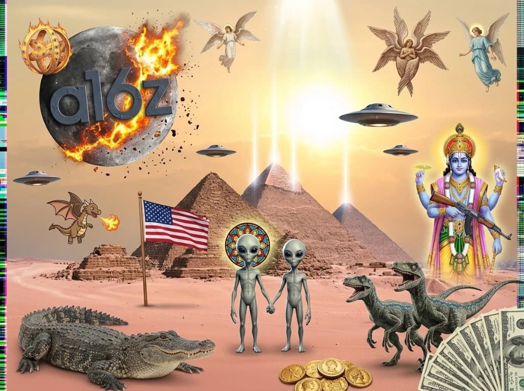 Alien-disclosure conspiracy collage with the a16z logo carved into the surface of the exploding moon in the upper-left as fire bursts out around it — desert sky behind the Egyptian pyramids, gray aliens hand-in-hand on the sand, American flag, alligator, raptors, blue-skinned hindu deity holding a rifle, dragon, UFO saucers, gold coins and a fan of hundred-dollar bills as chaos extras