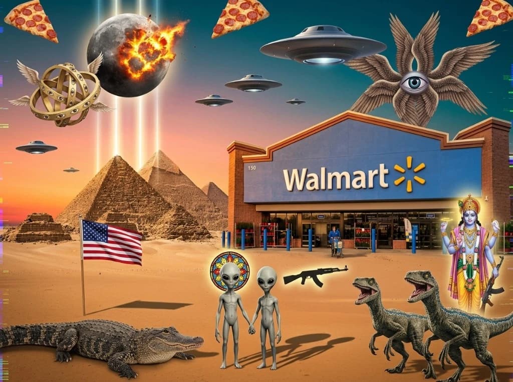 Alien-disclosure conspiracy collage with a real Walmart storefront rebuilt as a 3D building standing in the desert sand next to the Egyptian pyramids — its signature blue facade and yellow sunburst logo intact, gray aliens hand-in-hand in front of it, multi-winged seraph and Ophanim wheel angels in the upper corners, exploding moon, UFO saucers, American flag, alligator, raptors, hindu deity holding a rifle, with floating pizza slices as chaos extras