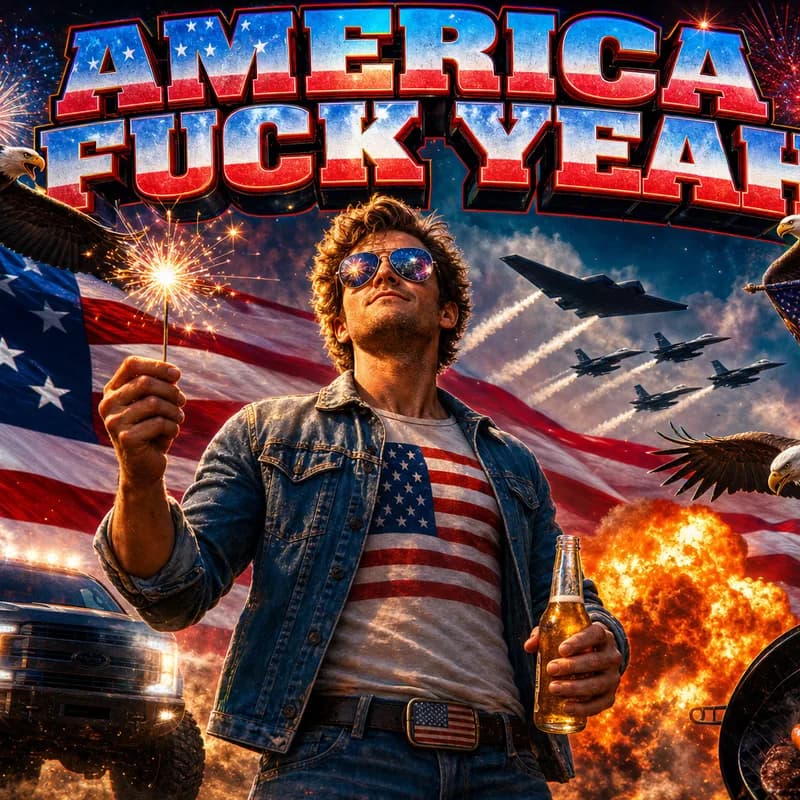 Example America Fuck Yeah edit — guy with sparkler and beer in front of a giant American flag with eagles, F-16s, and fireworks