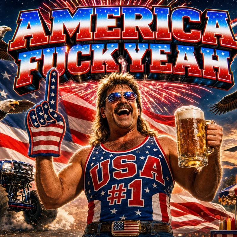 Example America Fuck Yeah edit — mullet-guy with foam finger and beer stein, four eagles, monster truck, fireworks halo, and chrome caption