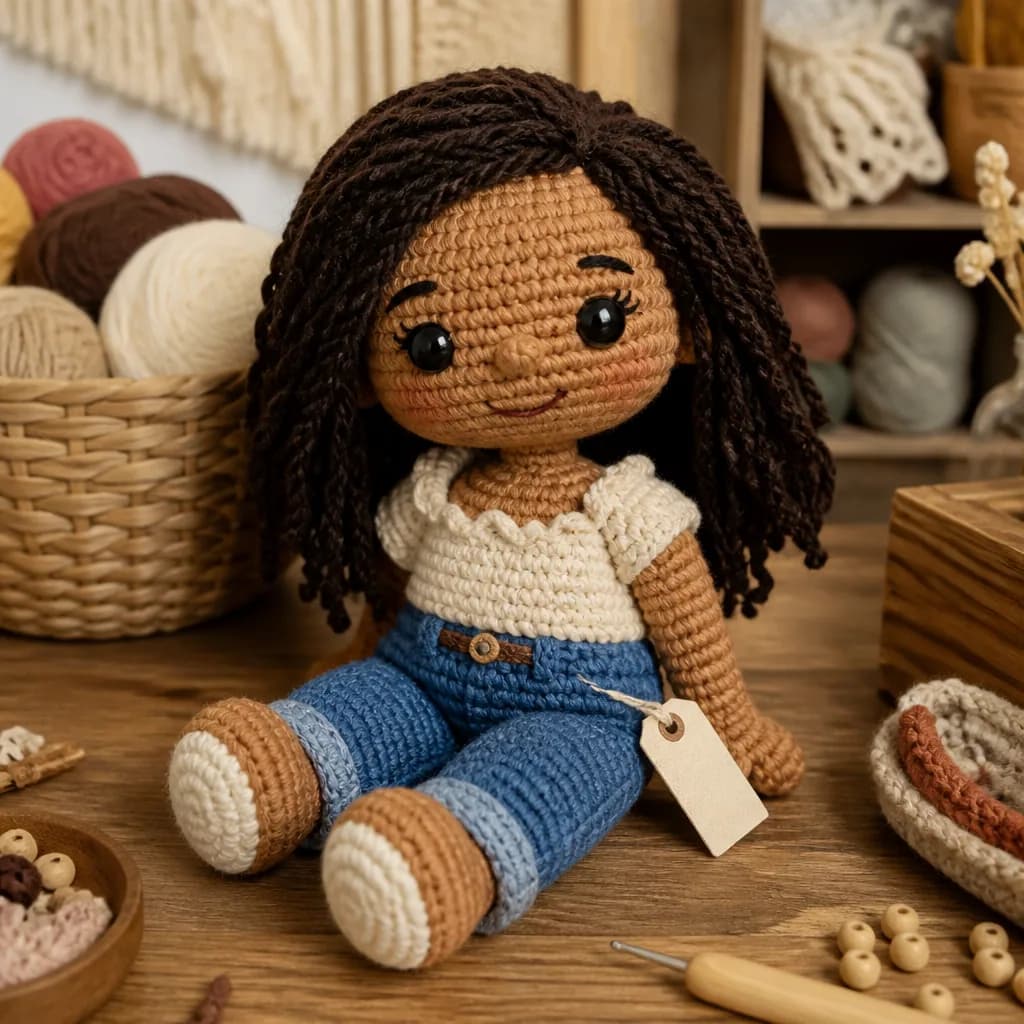 Person stitched as a sitting amigurumi doll with safety eyes