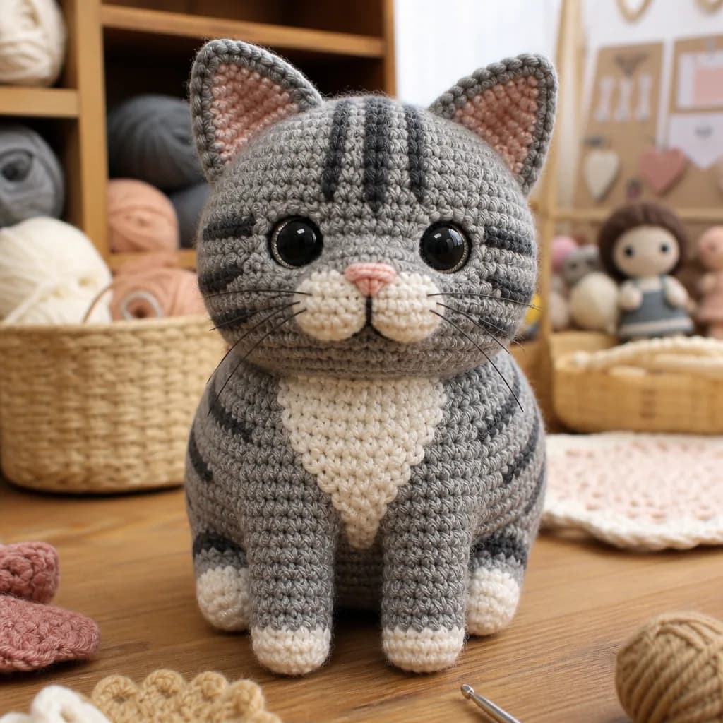 Tabby cat crocheted as a plump amigurumi plush