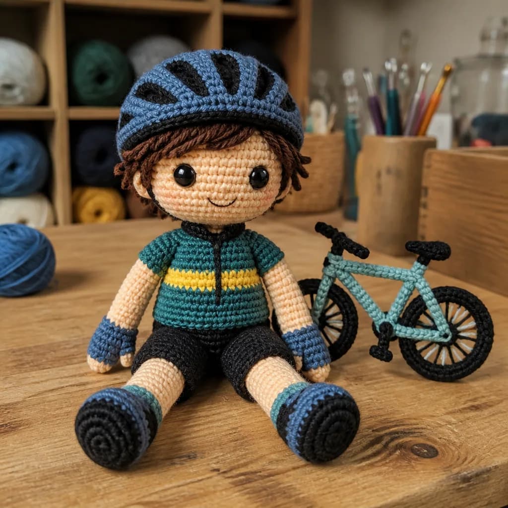 Cyclist turned into a tiny yarn doll with a crochet helmet