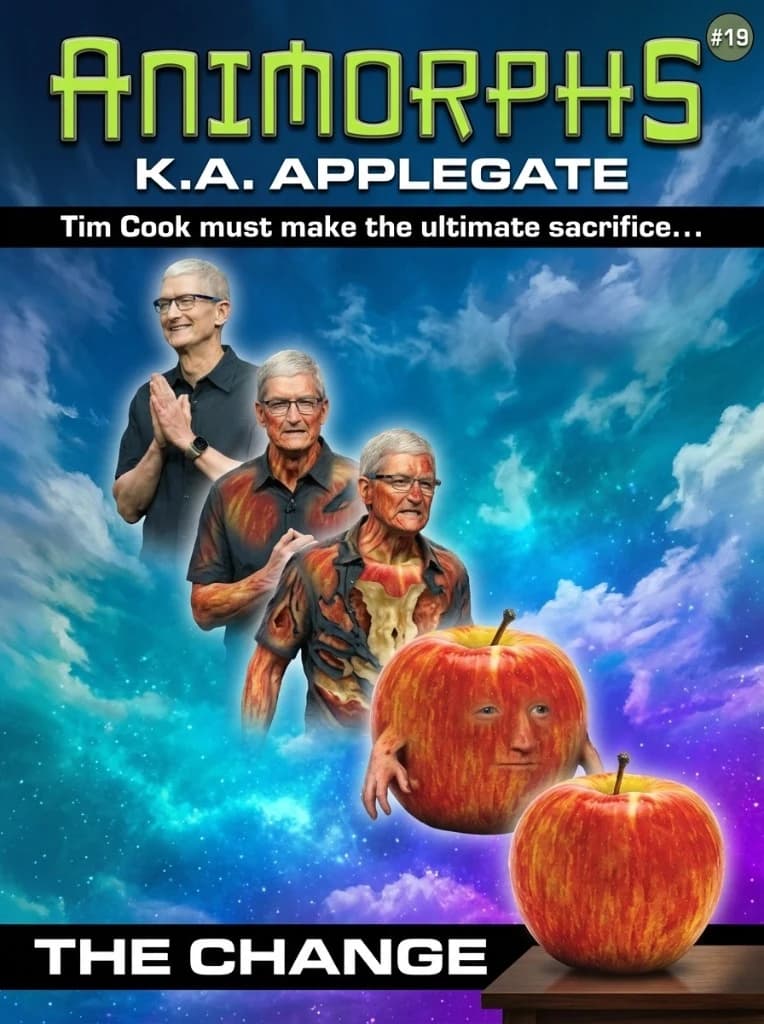 Animorphs Book Cover #19 result — 5-stage morph column showing Tim Cook transforming into a red apple against a saturated purple-and-blue cosmic cumulus sky, ANIMORPHS wordmark in glossy acid green, K.A. APPLEGATE byline, black tagline bar reading 'Tim Cook must make the ultimate sacrifice...', and a 'The Change' title bar