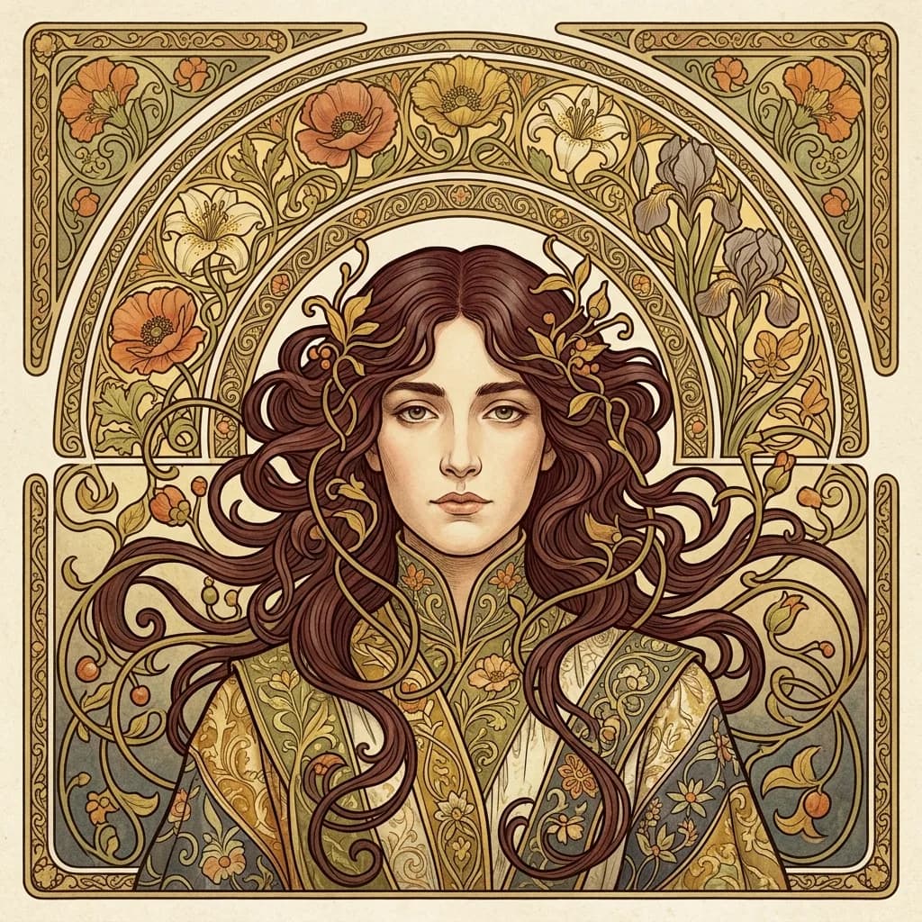Young adult as an art nouveau lithograph with a floral halo