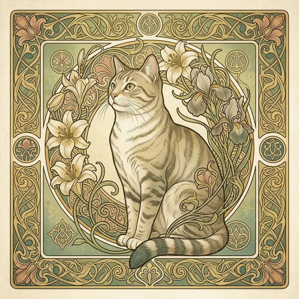 Cat drawn as a Mucha-style ornamental lithograph