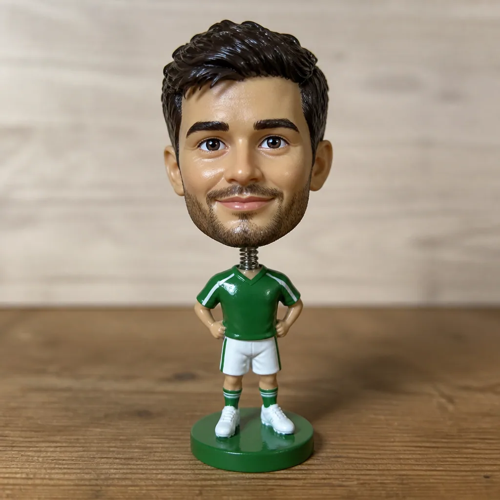 Person as a glossy bobblehead figurine on a tiny stand