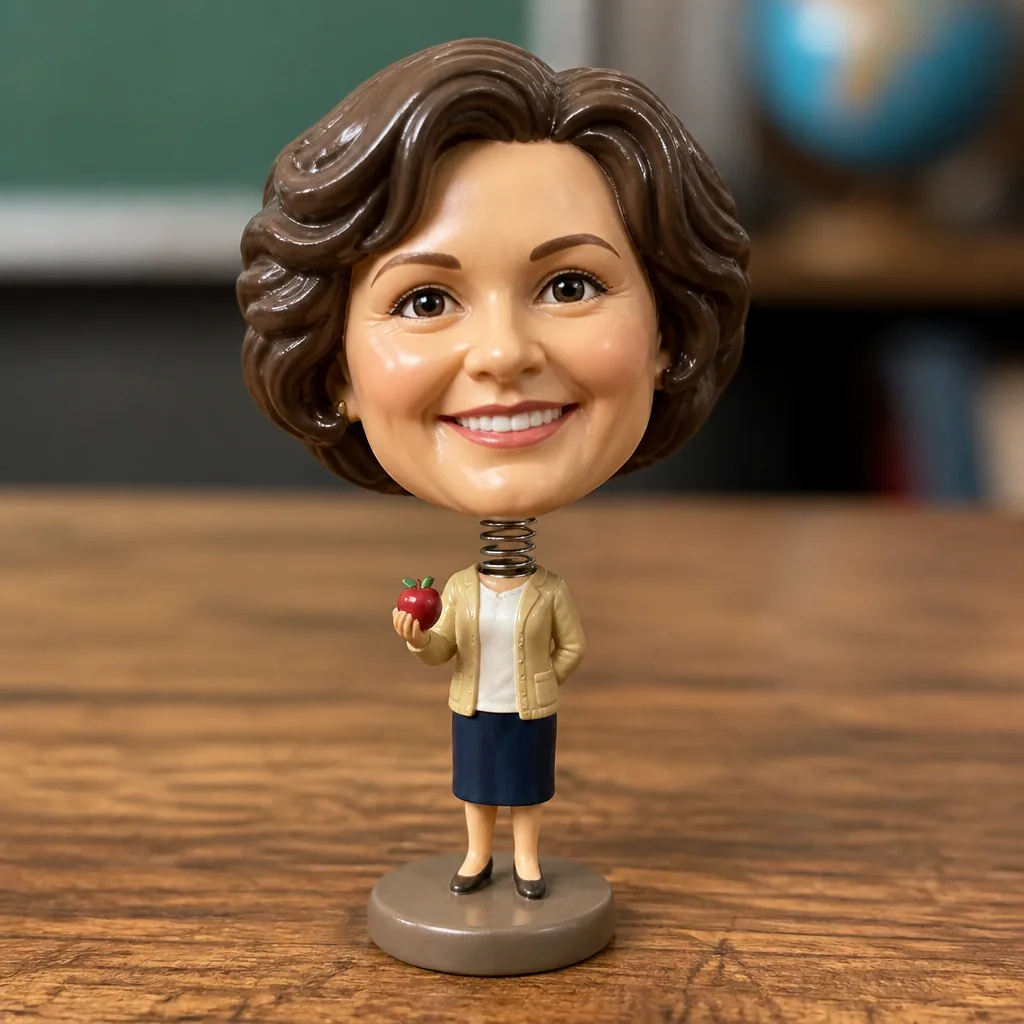 Teacher posed as a classroom bobblehead with a tiny apple