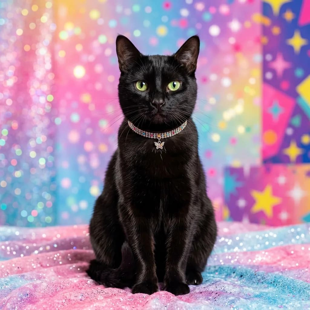 Cat given the full early-2000s fashion-doll makeup and outfit treatment