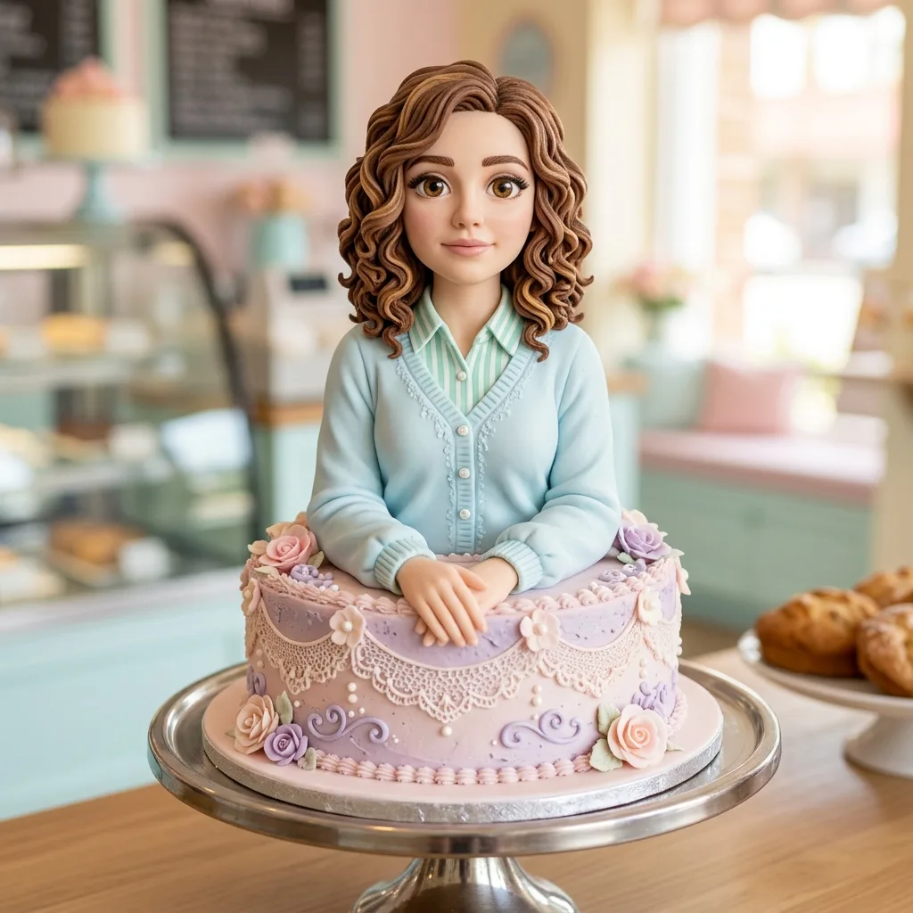 Young adult sculpted as a bakery cake with fondant clothes
