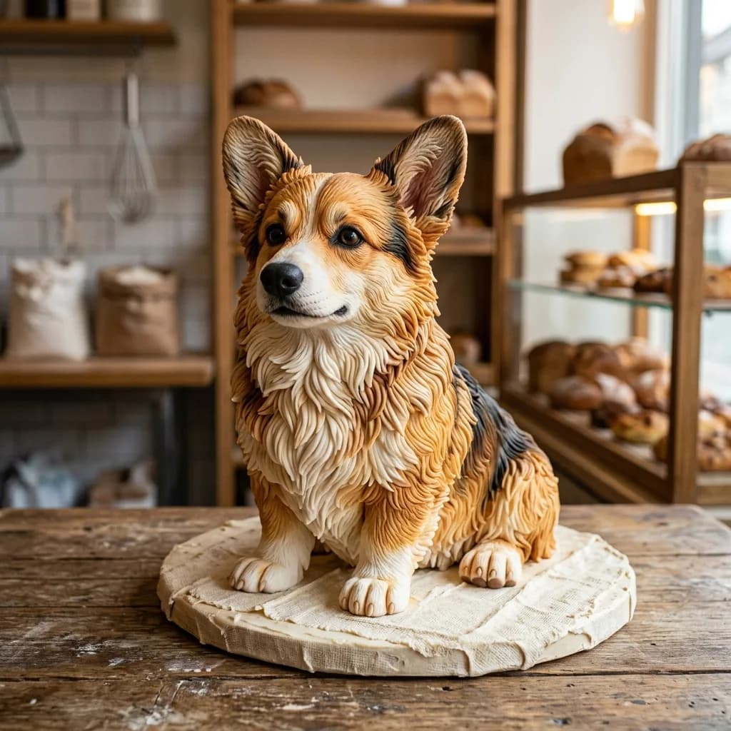 Corgi rebuilt as a buttercream cake on a cake board