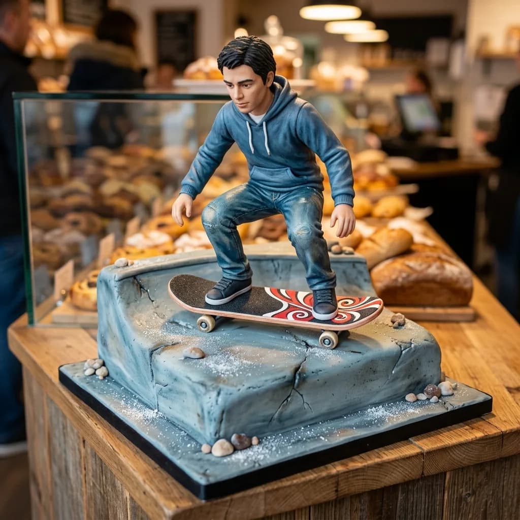Skateboarder sculpted as a layer cake with a fondant board