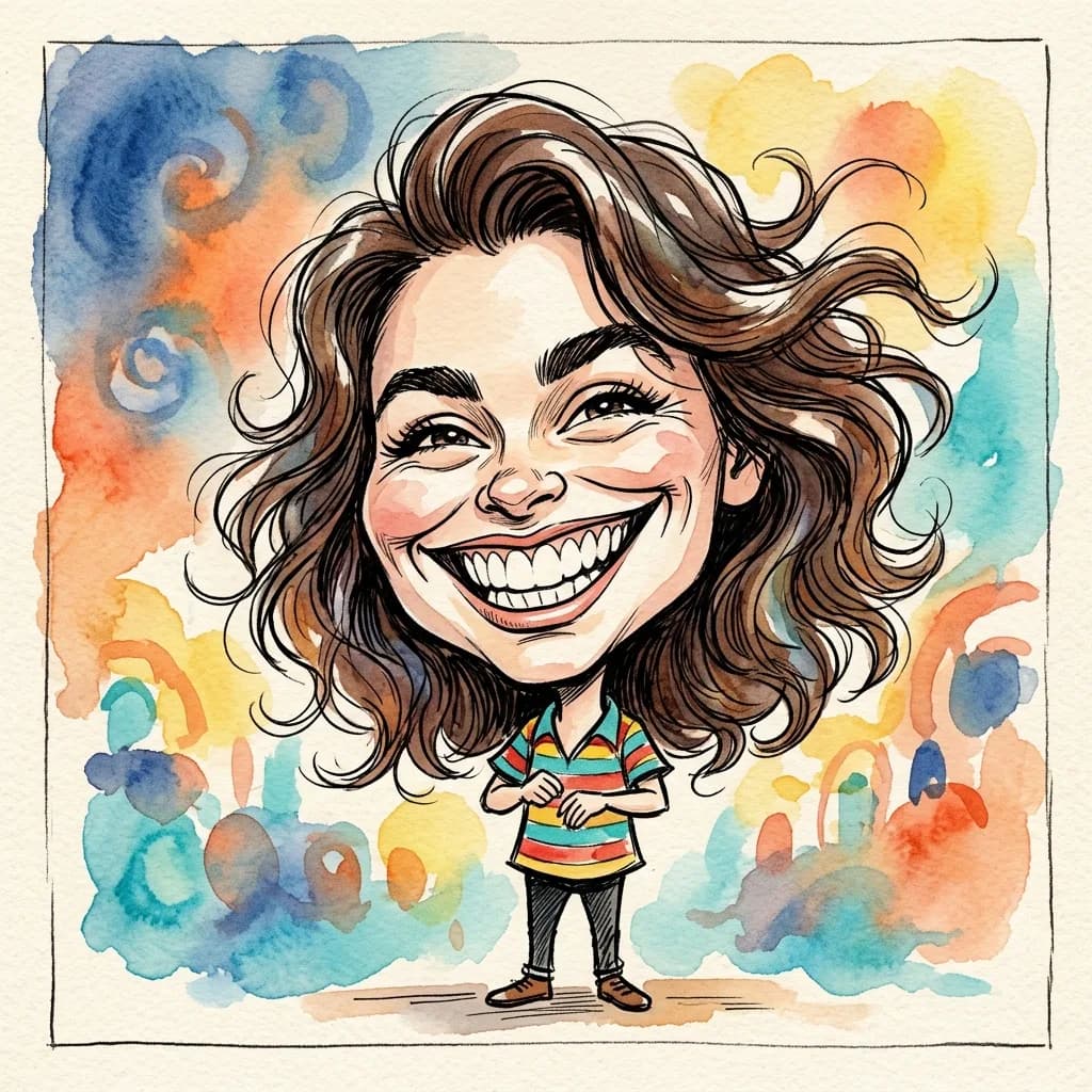 Young adult as a boardwalk caricature with a giant head and tiny body