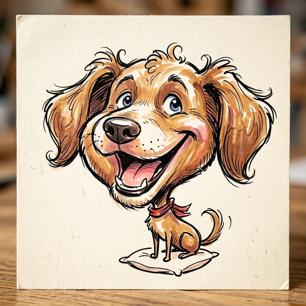 Dog drawn as a carnival caricature with an oversized head