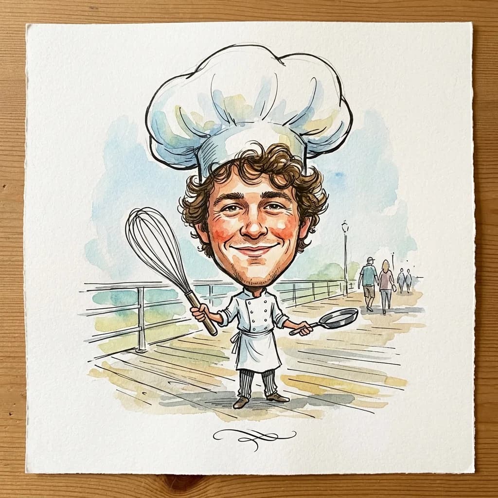 Chef as a boardwalk caricature with a huge toque