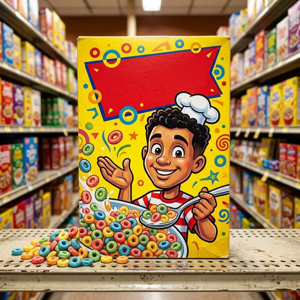 Young adult painted as a 90s breakfast-cereal mascot on a yellow box