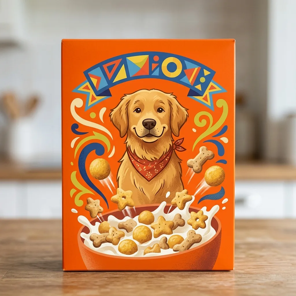 Golden retriever as a cartoon cereal-box mascot