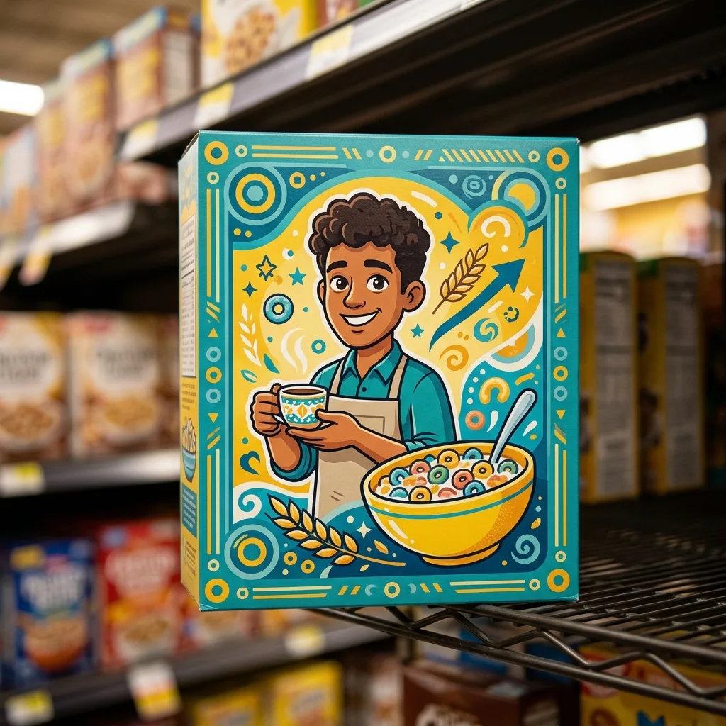 Barista restyled as a family-size cereal mascot on a grocery shelf