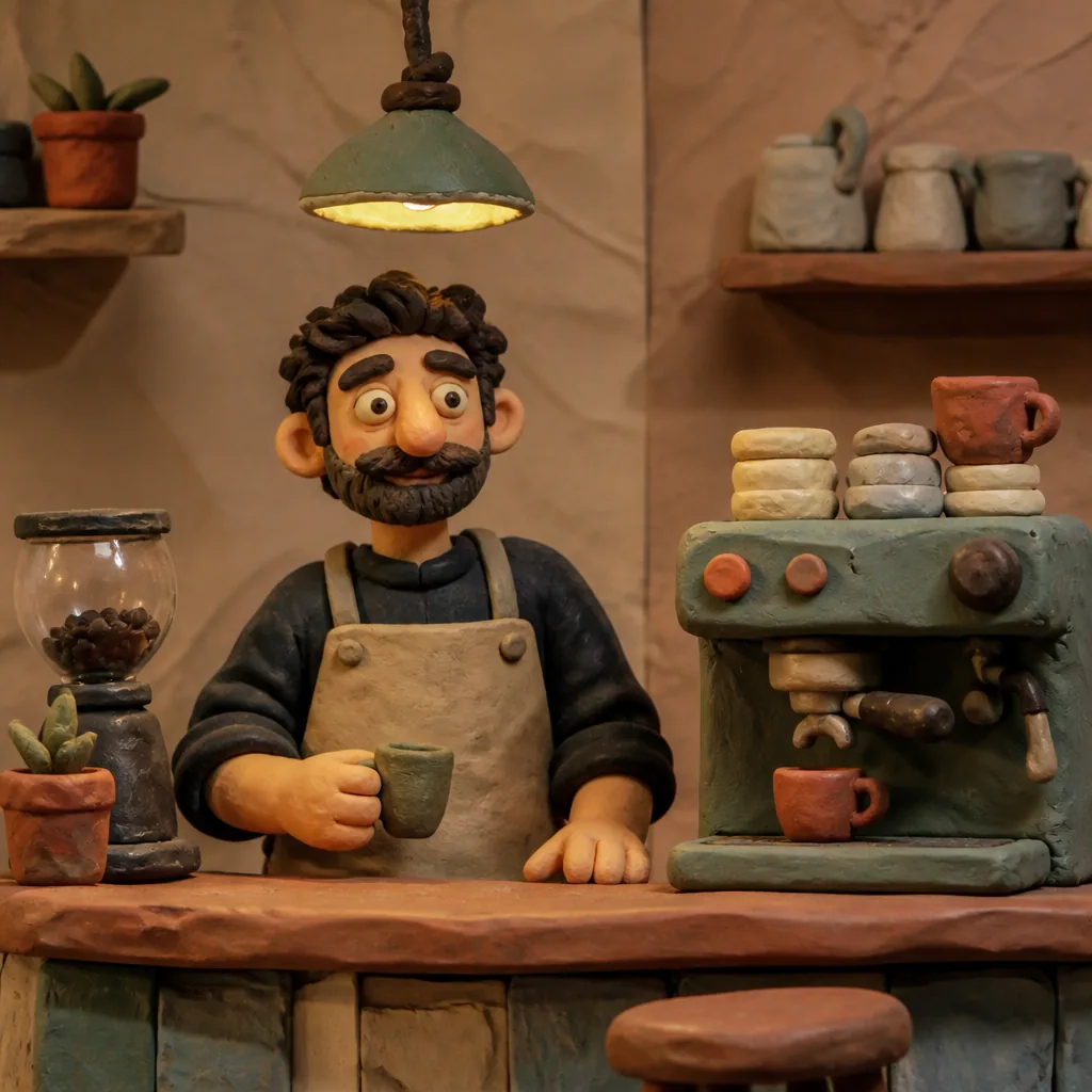 Barista sculpted in clay behind a tiny clay espresso machine