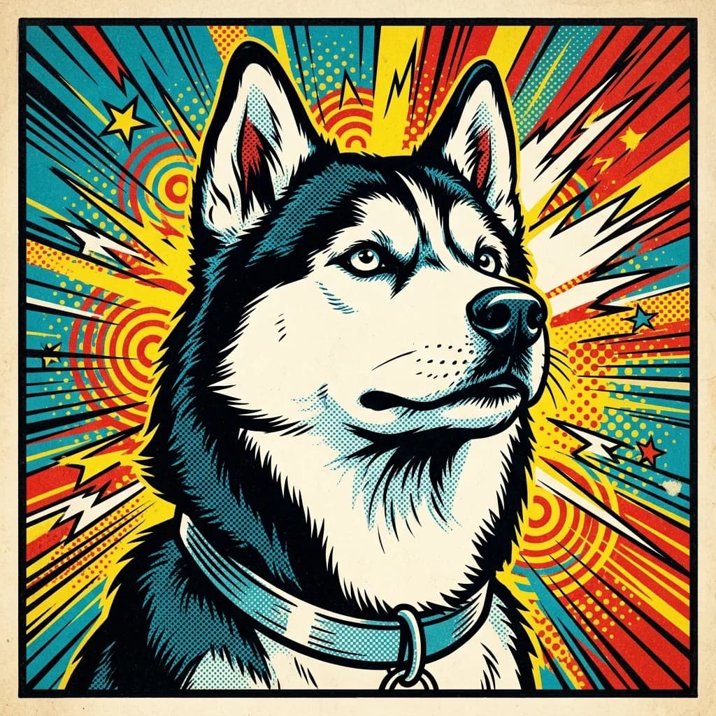 Husky drawn as a heroic comic-book sidekick panel