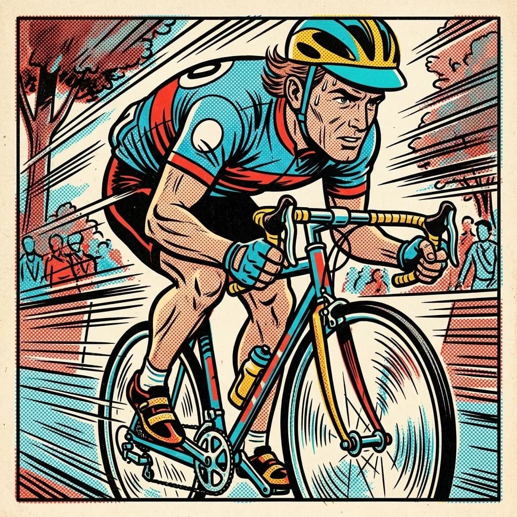 Cyclist inked as an action comic splash panel