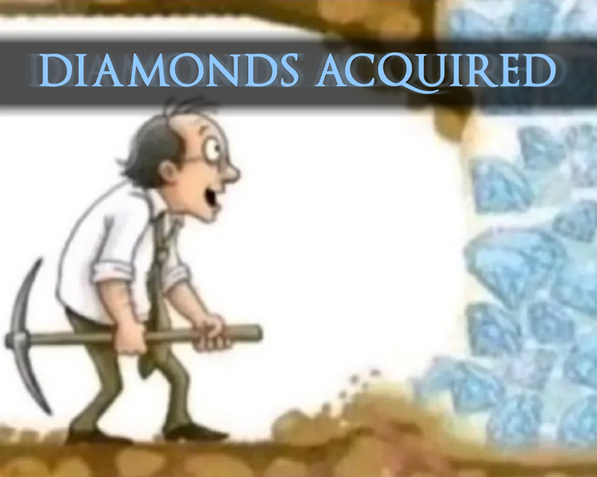 Dark Souls text effect example reading Diamonds Acquired over a cartoon miner discovering diamonds