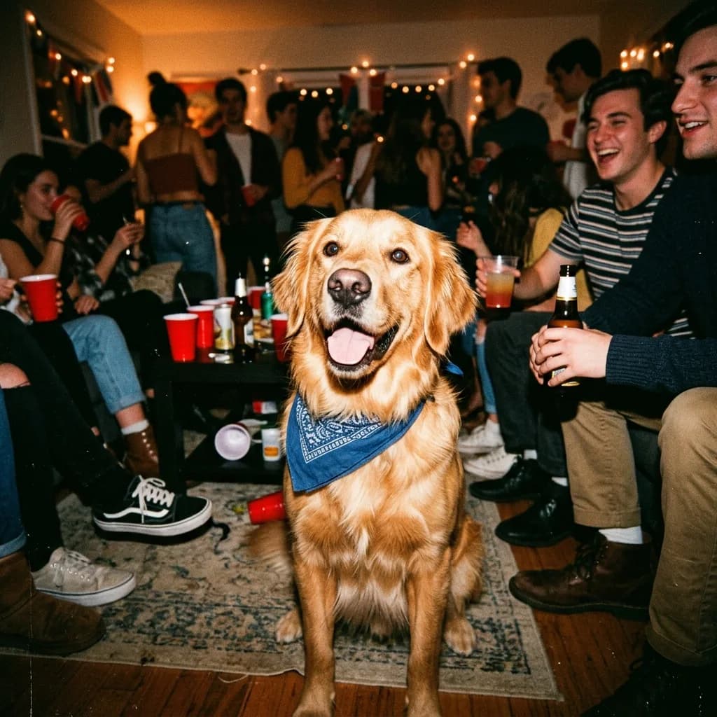 Golden retriever caught in a grainy 35mm flash photo