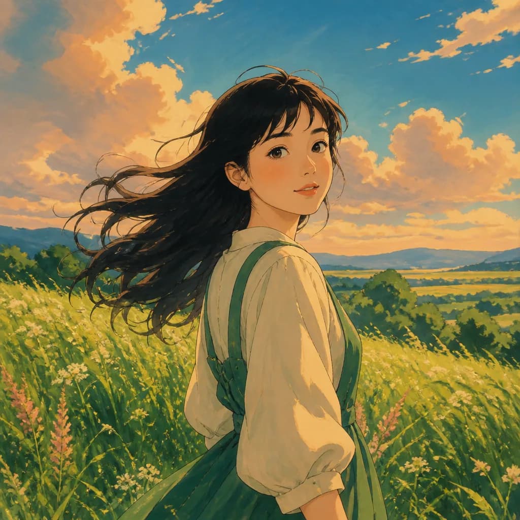 Young adult selfie turned into a Ghibli-style portrait in a windy meadow