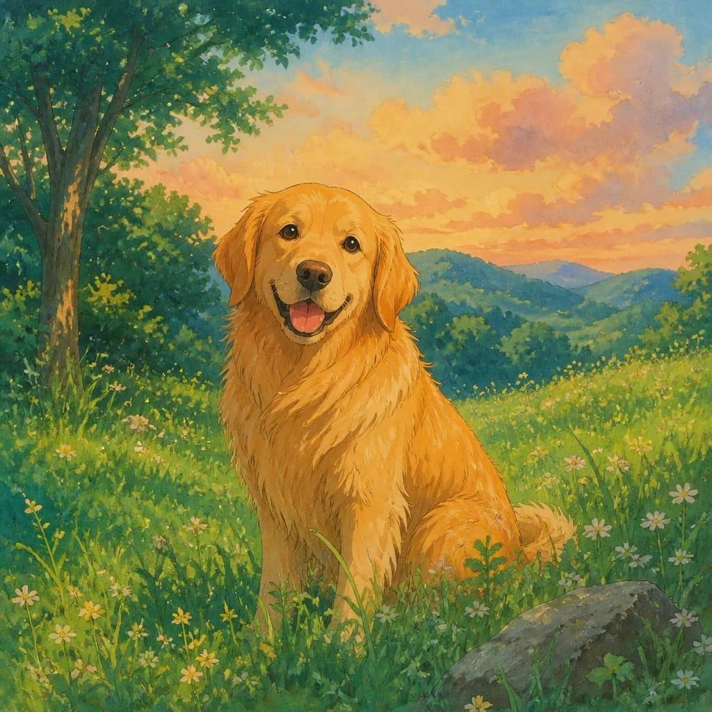 Golden retriever painted as a Ghibli forest spirit companion