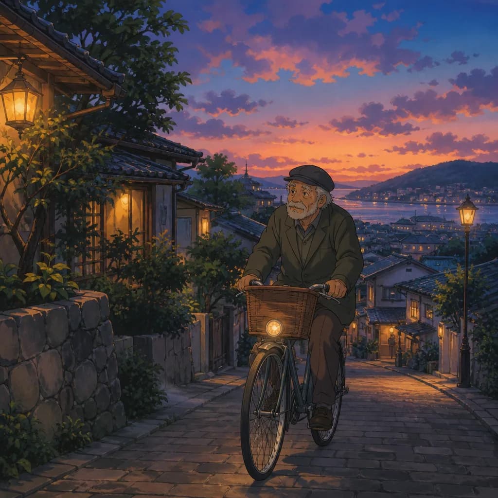 City street photo restyled as a cozy Ghibli neighborhood at dusk