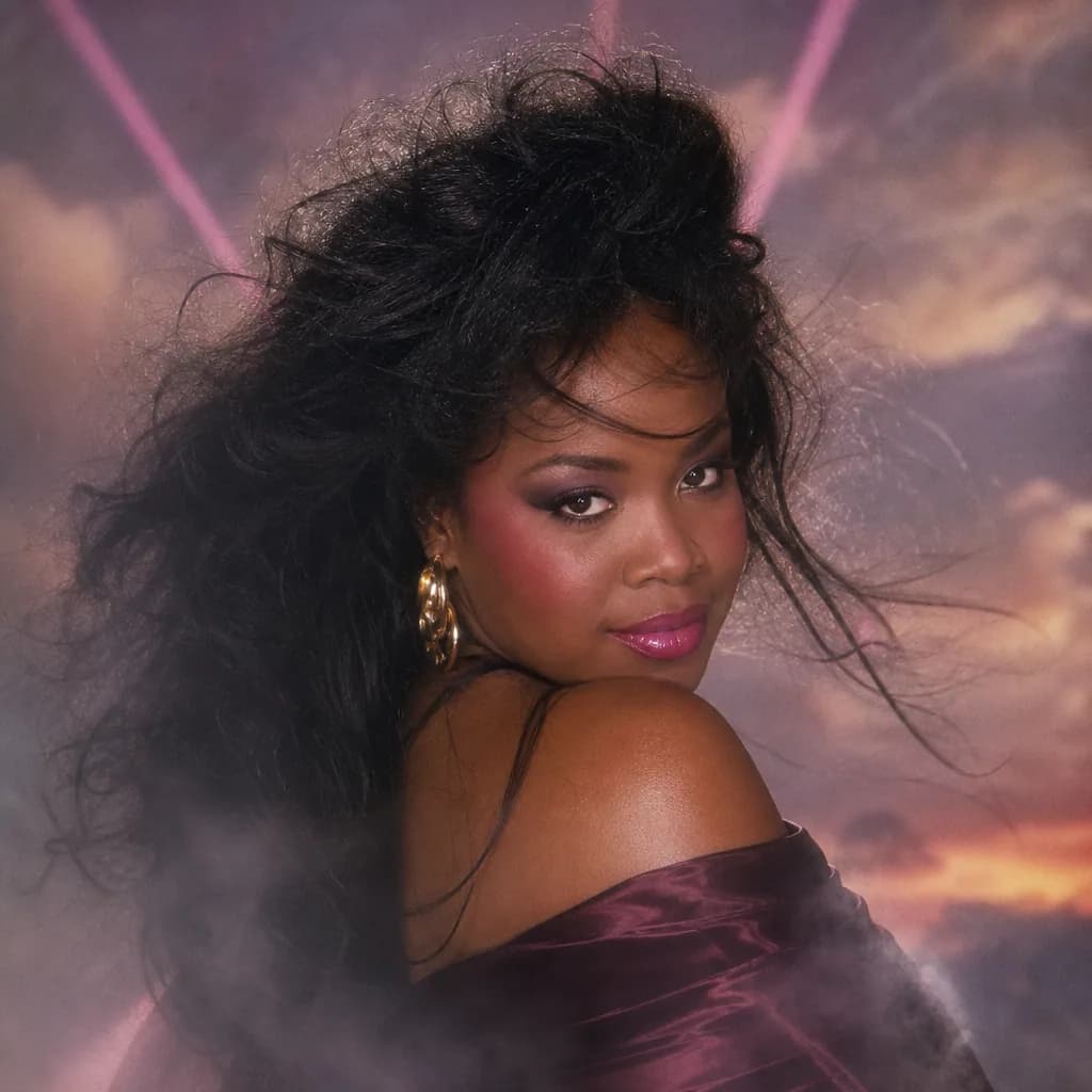 Person in a 1994 mall glamour shot with fog and a laser-fan backdrop