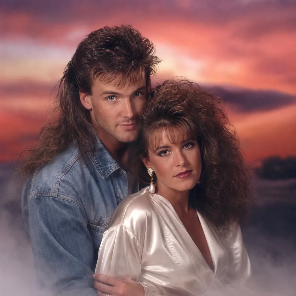 Couple posed as a 90s mall-studio engagement glamour shot