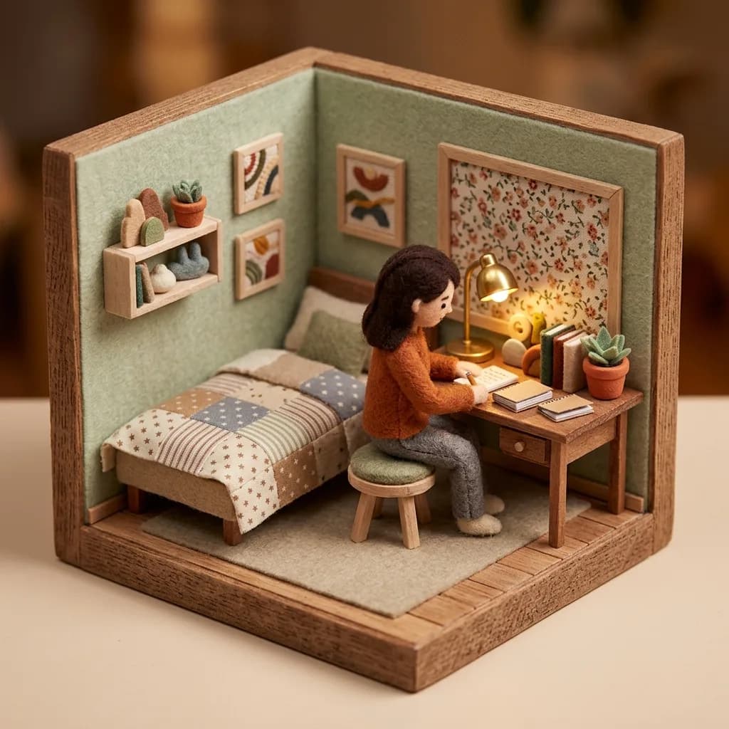 Young adult sitting at a tiny desk in a cutaway isometric bedroom