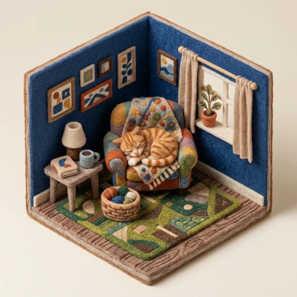 Cat napping in a tiny cutaway living-room diorama