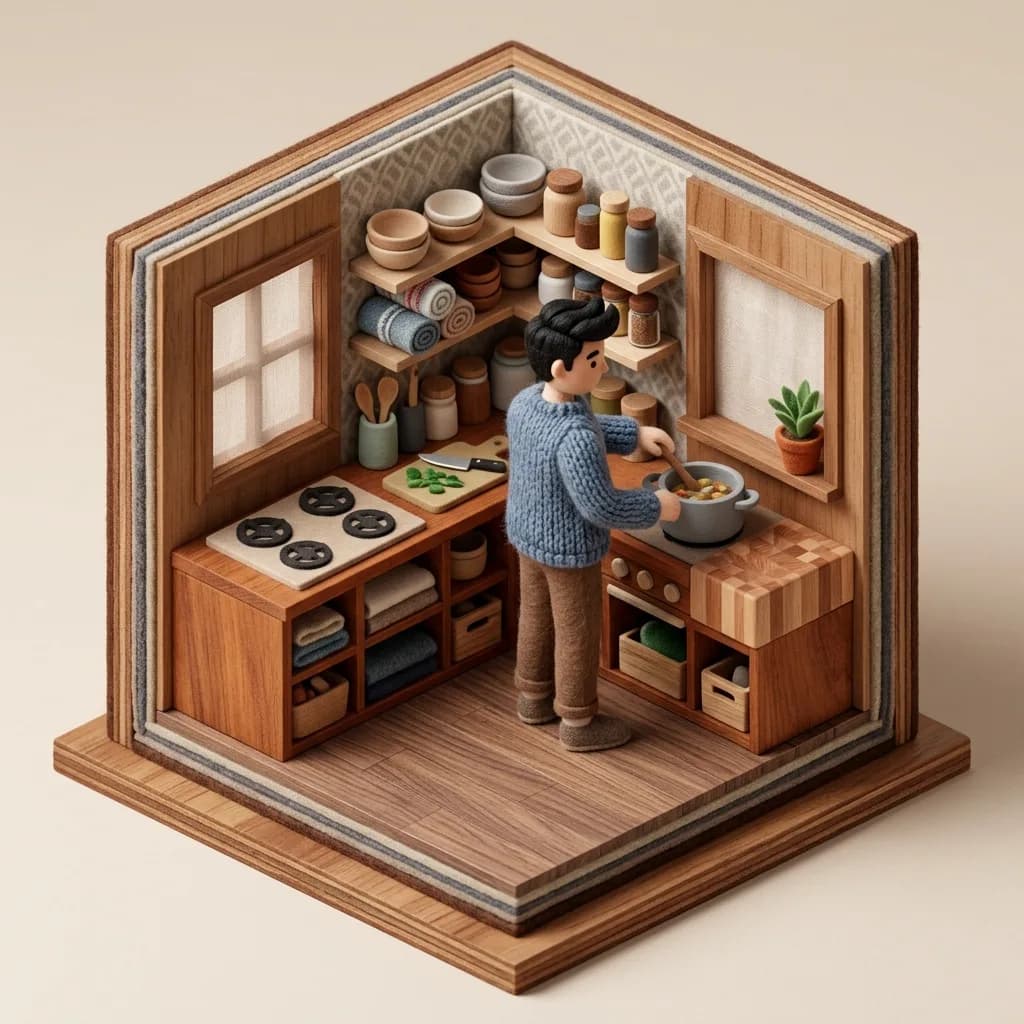 Person cooking in a miniature cutaway kitchen diorama