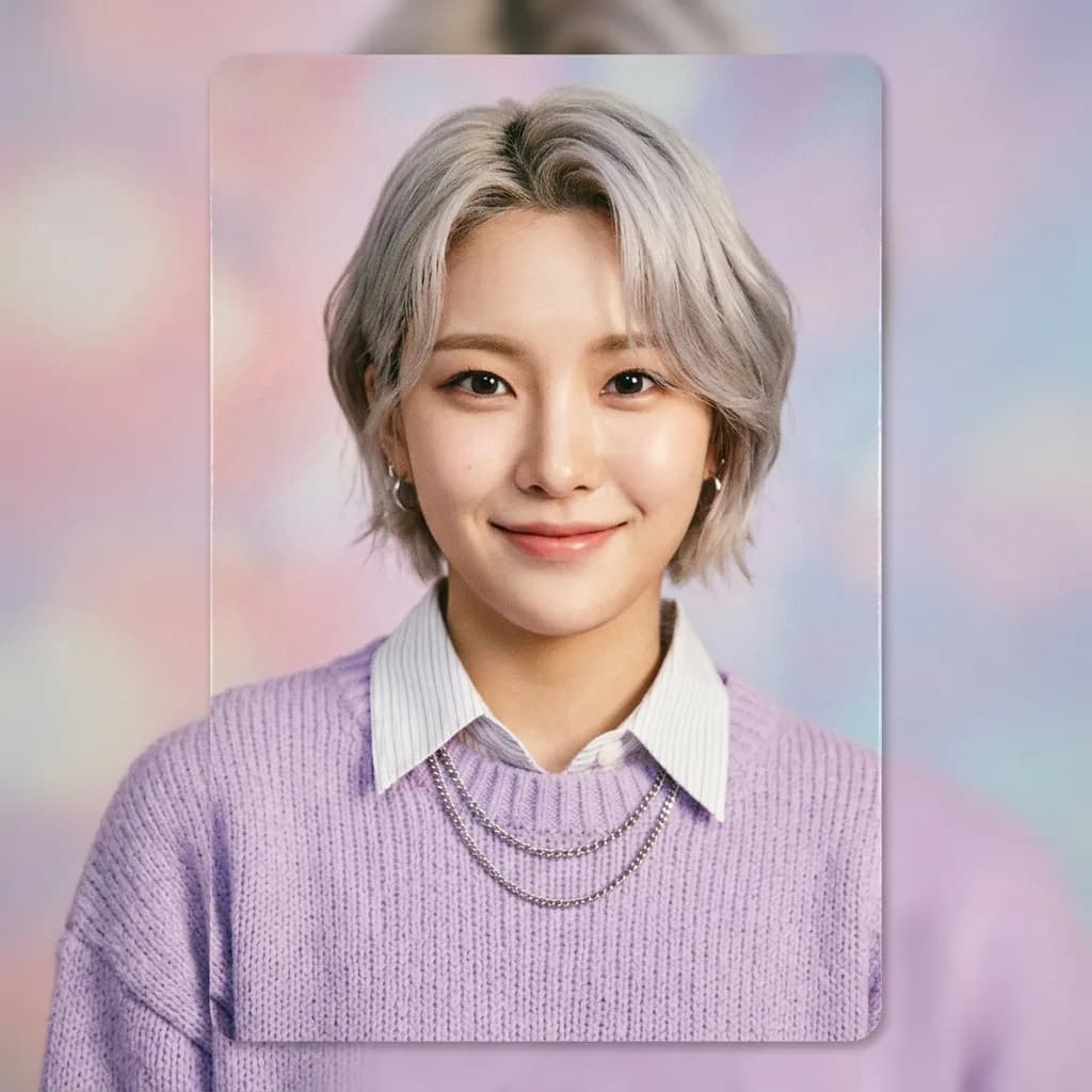 Person styled as a K-pop idol on a collectible photocard with studio lighting