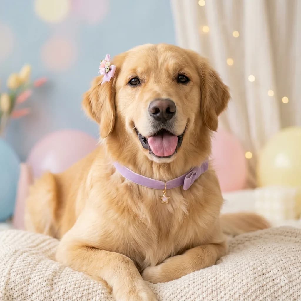 Dog posed as a cute idol concept photocard with pastel styling