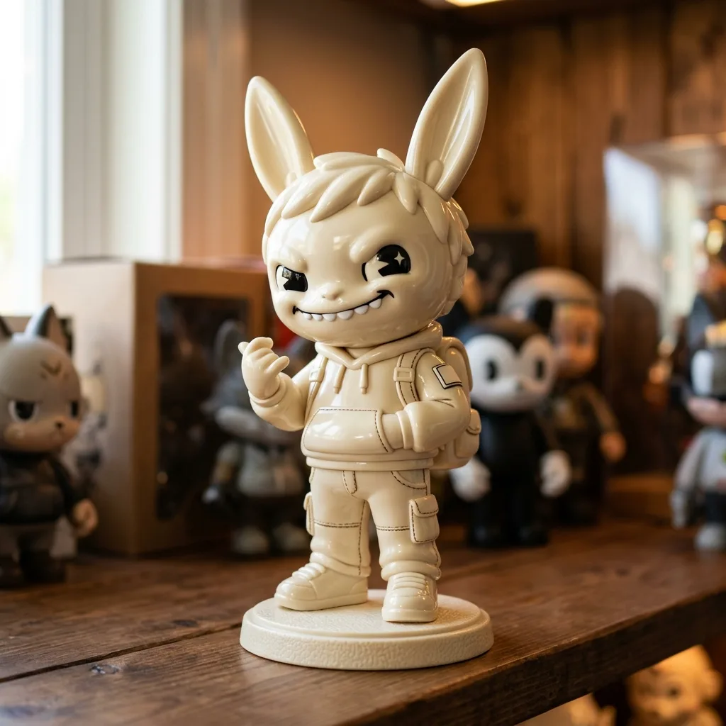 Person rebuilt as a cream vinyl designer toy with long pointed ears and a toothy grin