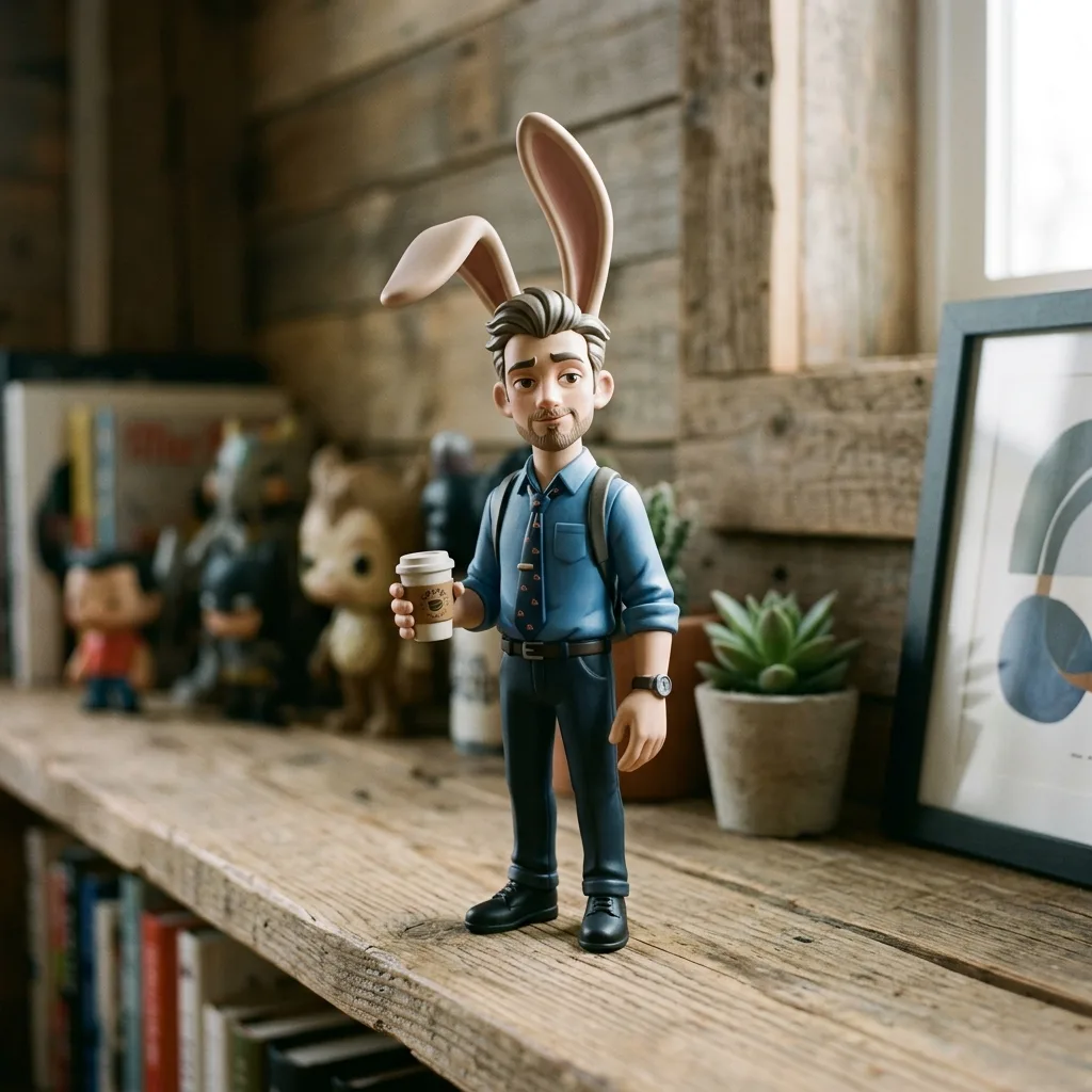 Office worker recast as a limited-edition vinyl figure on a collector shelf