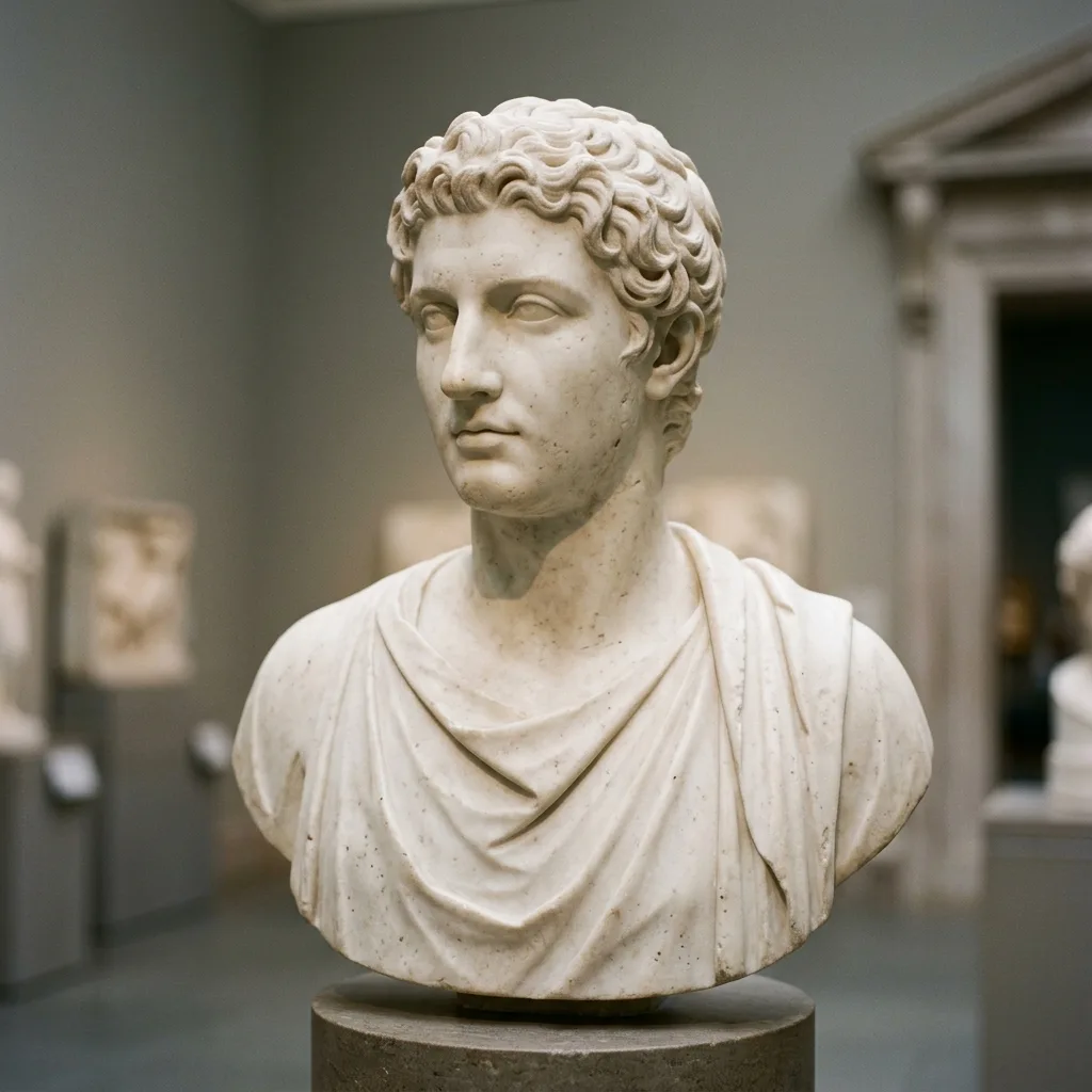 Person carved as a classical marble bust on a museum pedestal
