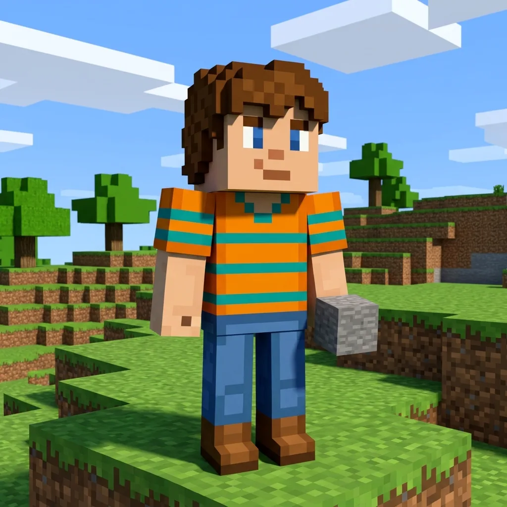 Person rebuilt as a blocky voxel character in a grassy biome