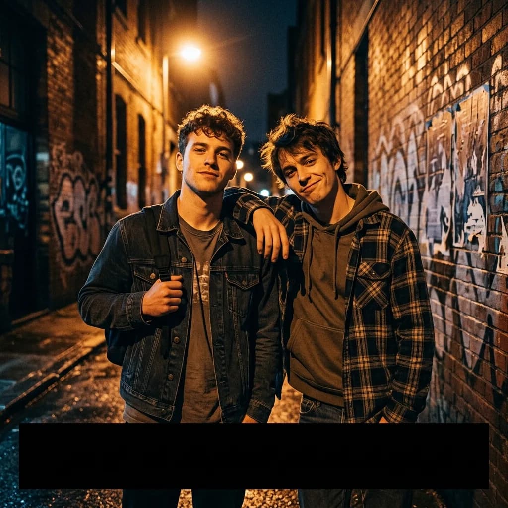 Two friends posed as a 90s buddy-movie one-sheet