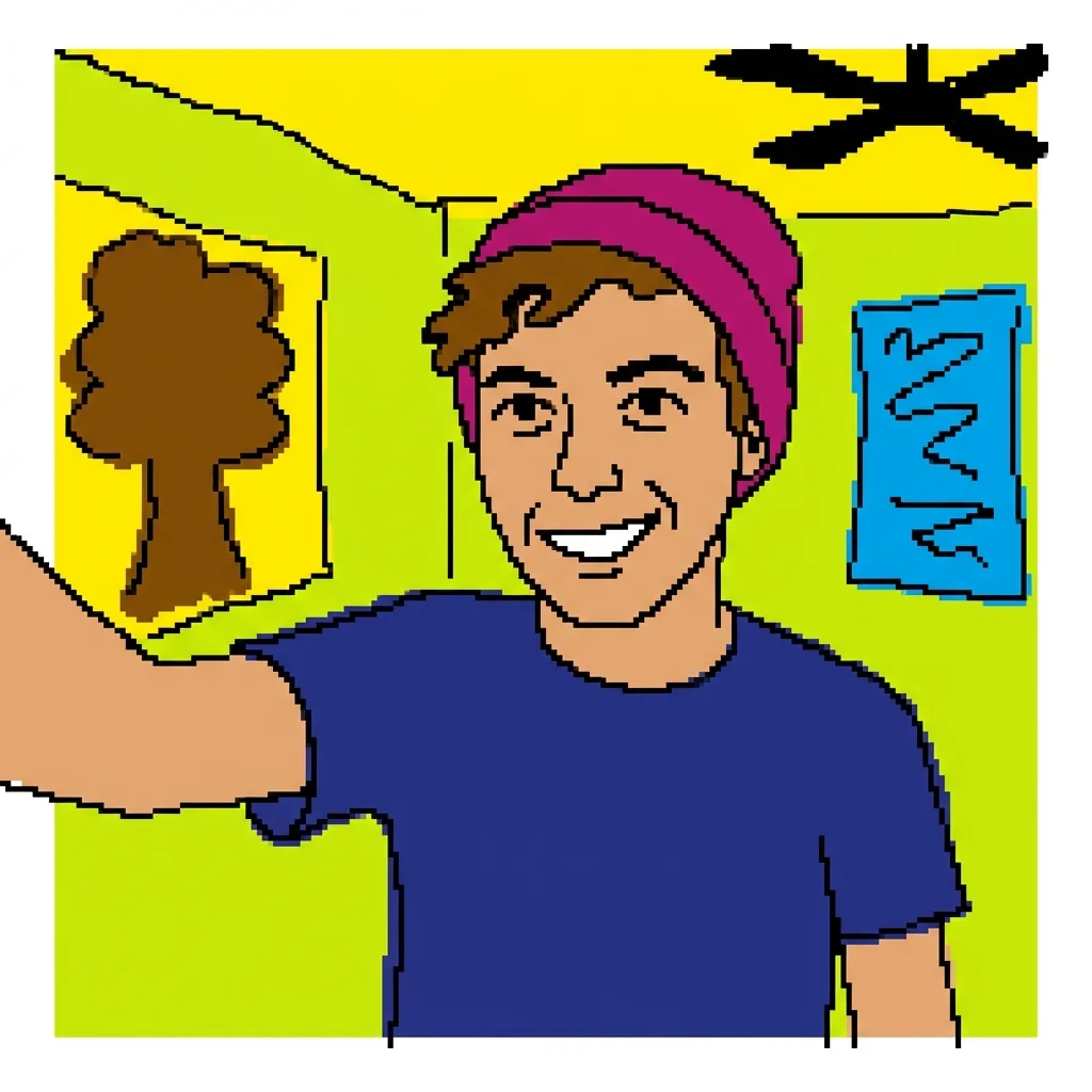 Young adult selfie redrawn in jagged MS Paint mouse lines